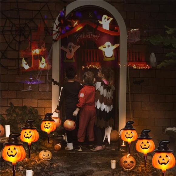 6 Pack Solar Jack O Lantern Stake String Lights - Orange Halloween Pathway - Picture 4 of 8